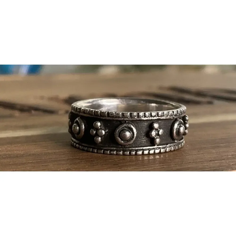 Vintage Sterling Silver Oxidized Floral Beaded Stacking Band Ring Size 6.5